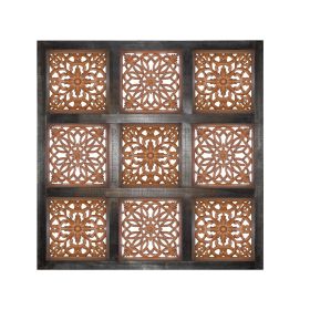 Decorative Mango Wood Wall Panel with Cutout Flower Pattern, Brown