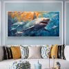 Hand Painted Oil Painting Large Abstract Shark Oil Painting on Canvas Original Fish School Painting Ocean Art Decor Living room Wall Decor Modern Blue