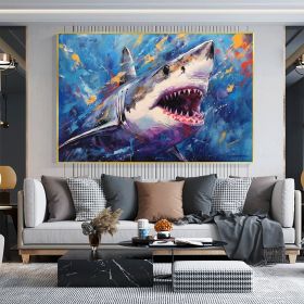 Hand Painted Oil Painting Abstract Shark Oil Painting on Canvas Original Animal Art Custom Ocean Painting Living room Wall Decor Large Wall Art Blue A (style: 1, size: 90x120cm)