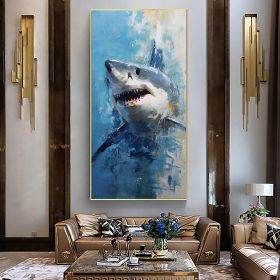 Hand Painted Oil Painting Original Shark Oil Painting on Canvas Custom Animal Painting Large Modern Wall Art Abstract Blue Ocean Art Decor Living room (style: 1, size: 70x140cm)