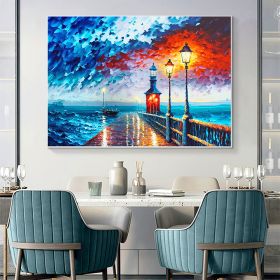 Hand Painted Oil Painting Abstract Coastal Landscape Oil Painting On Canvas Large Wall Art Original Lighthouse Painting Sailboat Painting Custom Paint (style: 1, size: 100x150cm)