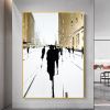 Hand Painted Oil Painting Original Cityscape Oil Painting on Canvas Modern Wall Art Abstract Gold Foil Art Building Figure Outline Painting Living roo