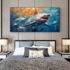 Hand Painted Oil Painting Large Abstract Shark Oil Painting on Canvas Original Fish School Painting Ocean Art Decor Living room Wall Decor Modern Blue