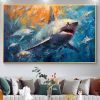 Hand Painted Oil Painting Large Abstract Shark Oil Painting on Canvas Original Fish School Painting Ocean Art Decor Living room Wall Decor Modern Blue