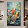 Hand Painted Oil Painting Original Carp Oil Painting on Canvas Large Wall Art Abstract Pond Scenery Wall Art Decor Modern Lotus Painting Living room W