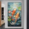 Hand Painted Oil Painting Original Carp Oil Painting on Canvas Large Wall Art Abstract Pond Scenery Wall Art Decor Modern Lotus Painting Living room W