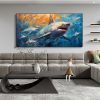 Hand Painted Oil Painting Large Abstract Shark Oil Painting on Canvas Original Fish School Painting Ocean Art Decor Living room Wall Decor Modern Blue