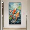 Hand Painted Oil Painting Original Carp Oil Painting on Canvas Large Wall Art Abstract Pond Scenery Wall Art Decor Modern Lotus Painting Living room W